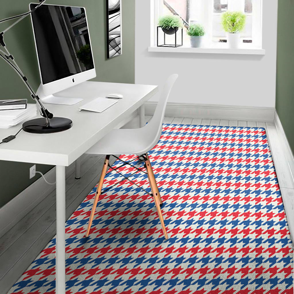 Red Blue And White Houndstooth Print Area Rug