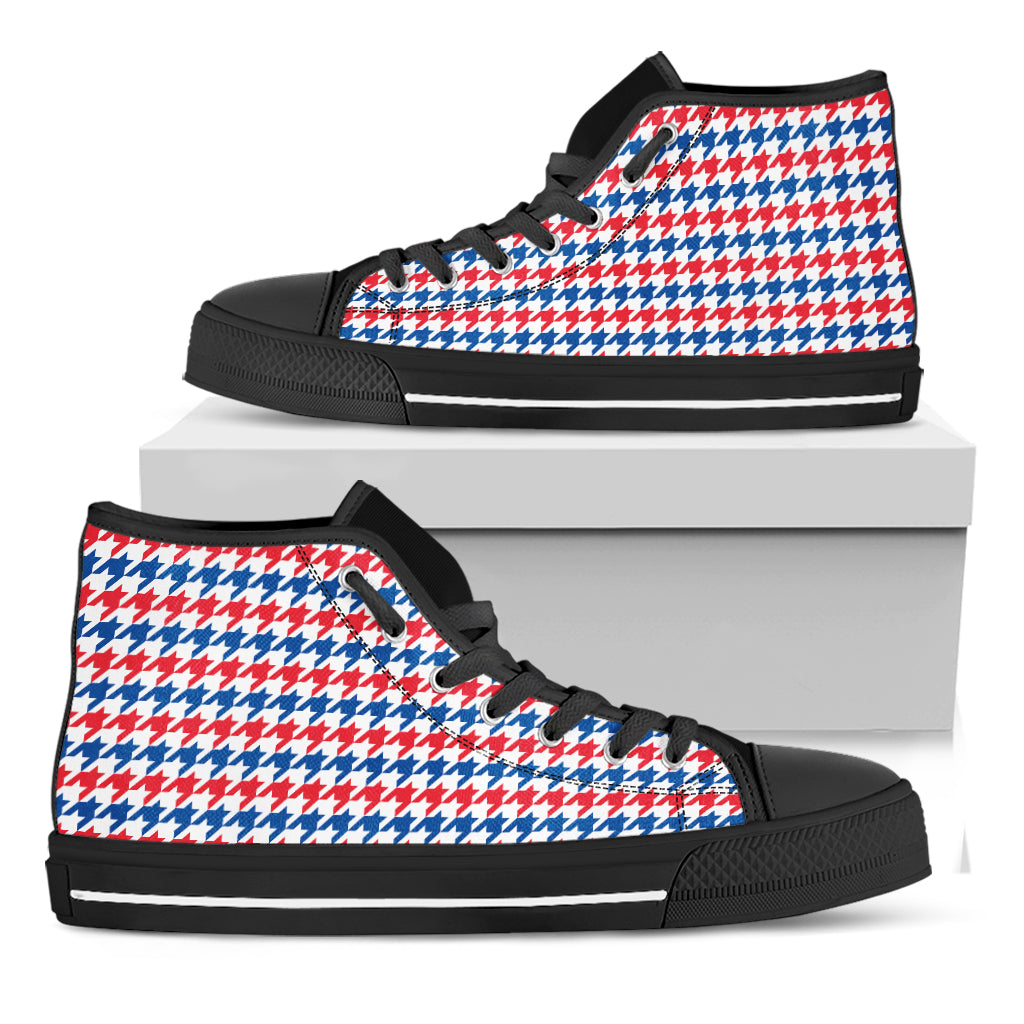 Red Blue And White Houndstooth Print Black High Top Shoes