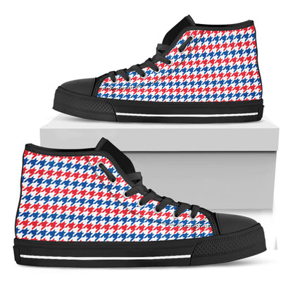 Red Blue And White Houndstooth Print Black High Top Shoes