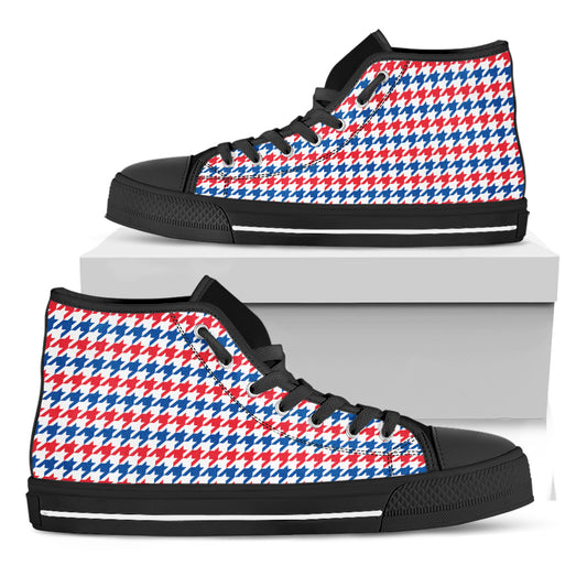Red Blue And White Houndstooth Print Black High Top Shoes
