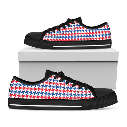 Red Blue And White Houndstooth Print Black Low Top Shoes