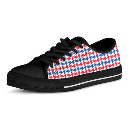 Red Blue And White Houndstooth Print Black Low Top Shoes