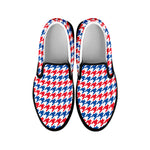 Red Blue And White Houndstooth Print Black Slip On Shoes