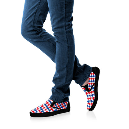 Red Blue And White Houndstooth Print Black Slip On Shoes