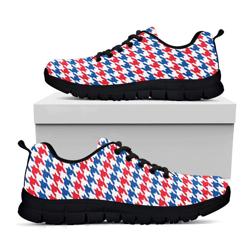 Red Blue And White Houndstooth Print Black Sneakers