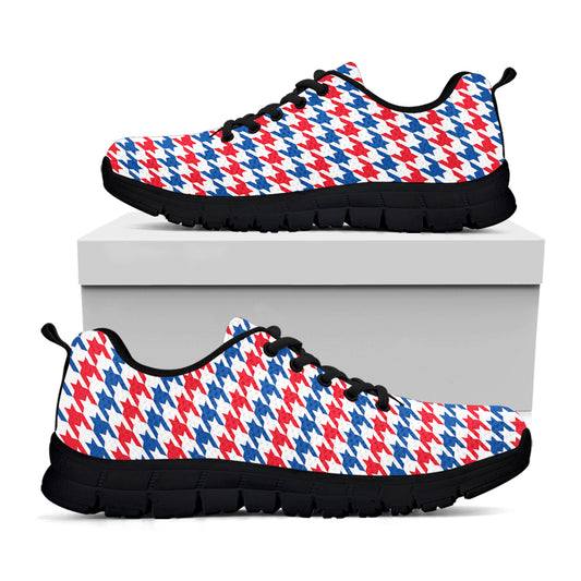 Red Blue And White Houndstooth Print Black Sneakers