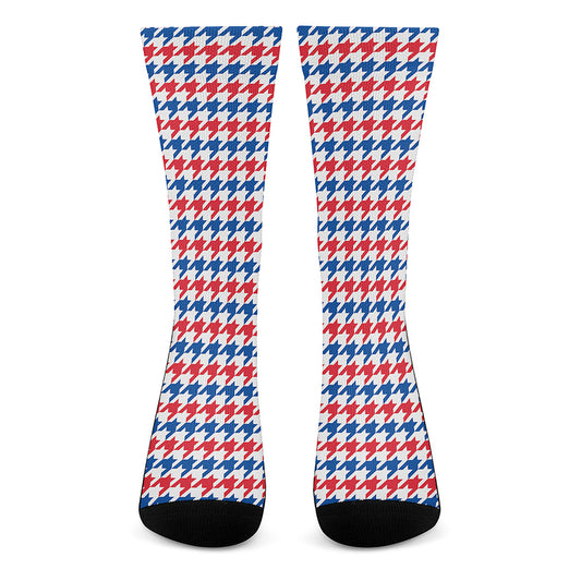 Red Blue And White Houndstooth Print Crew Socks