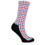 Red Blue And White Houndstooth Print Crew Socks