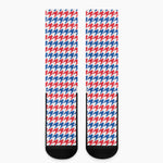 Red Blue And White Houndstooth Print Crew Socks