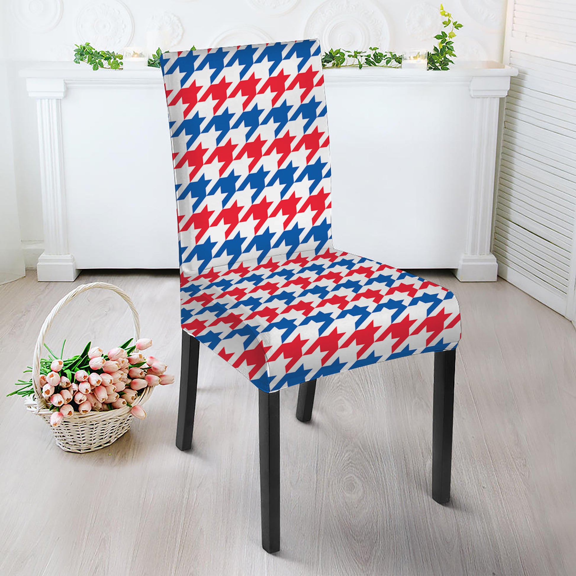 Red Blue And White Houndstooth Print Dining Chair Slipcover