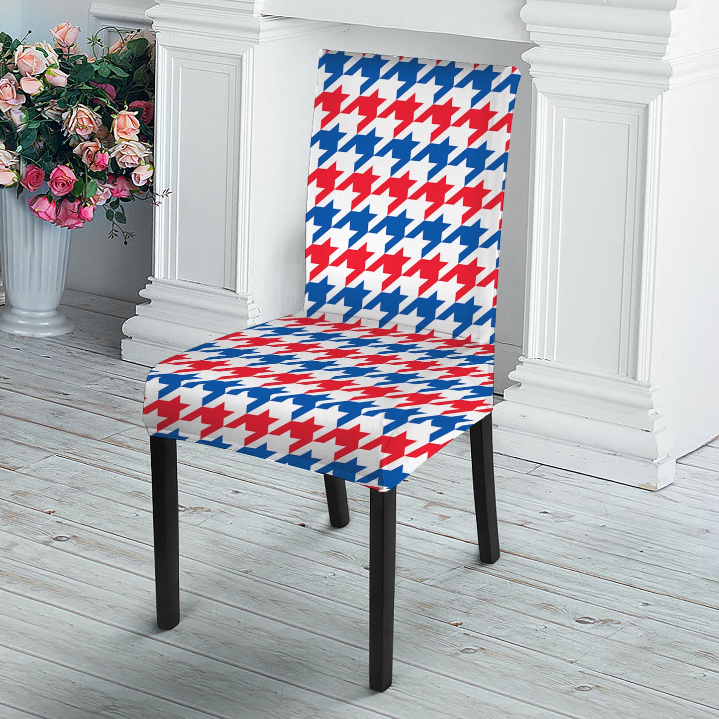 Red Blue And White Houndstooth Print Dining Chair Slipcover