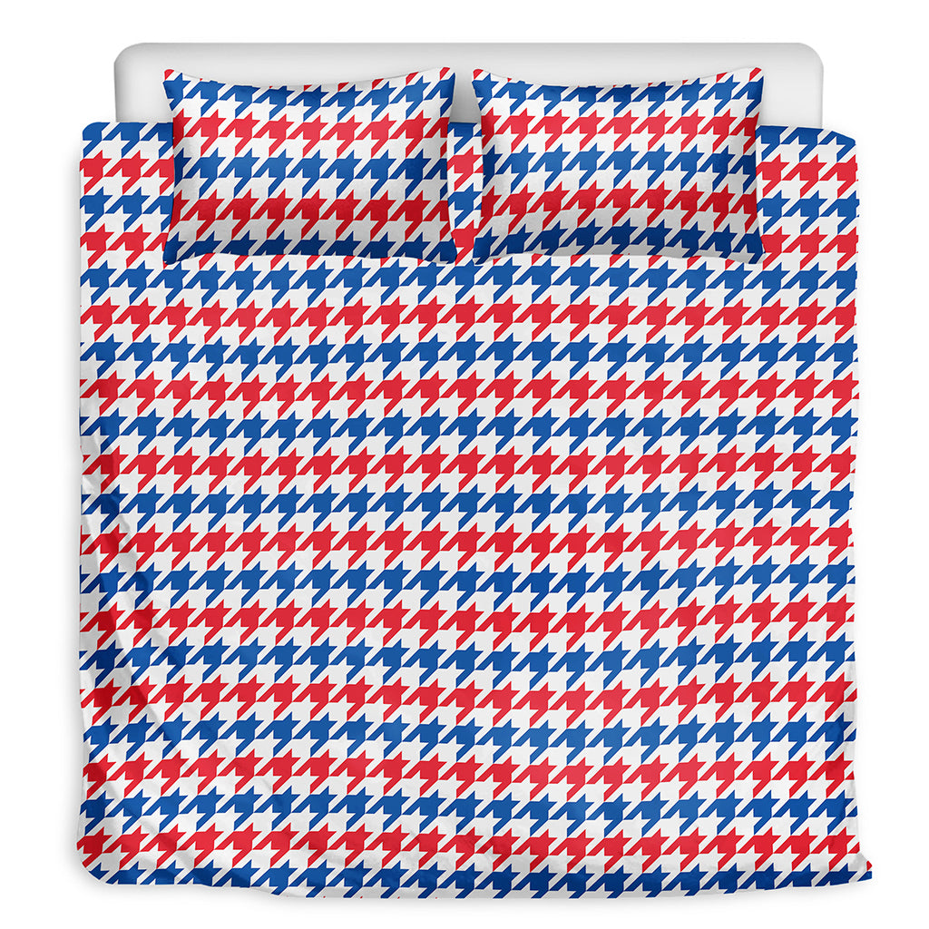 Red Blue And White Houndstooth Print Duvet Cover Bedding Set