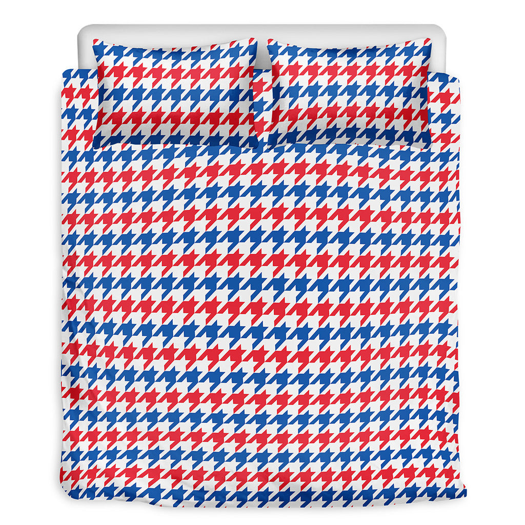 Red Blue And White Houndstooth Print Duvet Cover Bedding Set