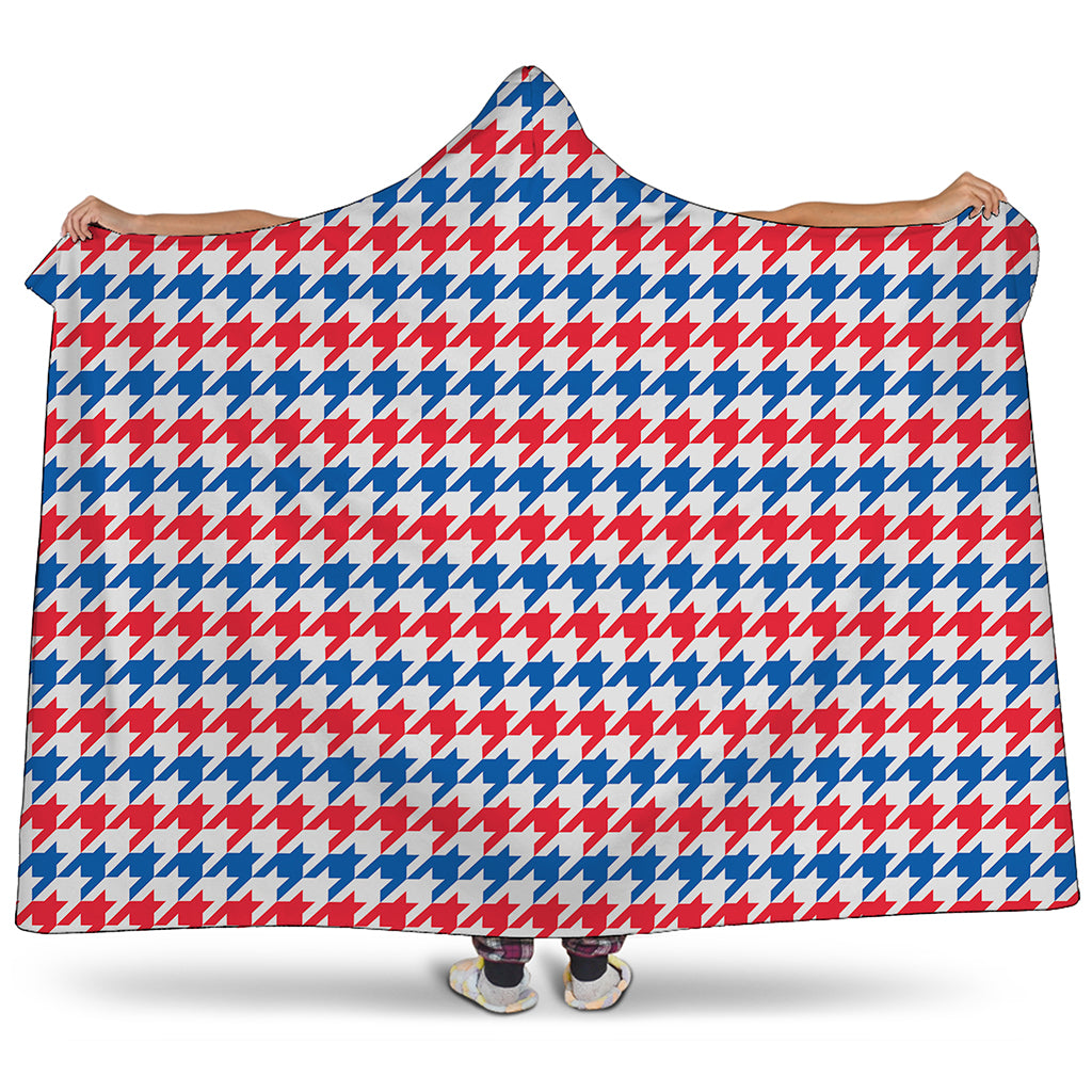 Red Blue And White Houndstooth Print Hooded Blanket