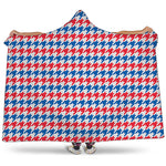 Red Blue And White Houndstooth Print Hooded Blanket