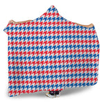 Red Blue And White Houndstooth Print Hooded Blanket