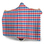 Red Blue And White Houndstooth Print Hooded Blanket