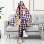 Red Blue And White Houndstooth Print Hooded Blanket