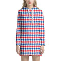 Red Blue And White Houndstooth Print Pullover Hoodie Dress