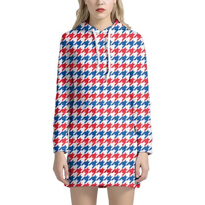 Red Blue And White Houndstooth Print Hoodie Dress