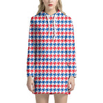 Red Blue And White Houndstooth Print Hoodie Dress