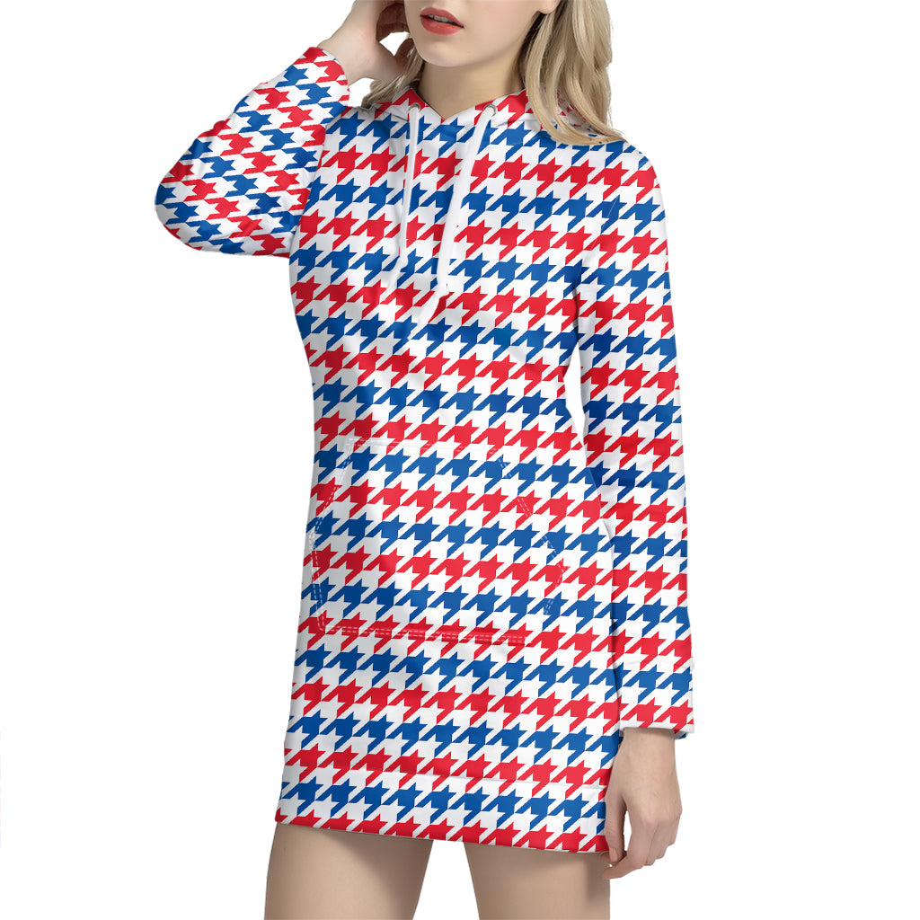 Red Blue And White Houndstooth Print Hoodie Dress