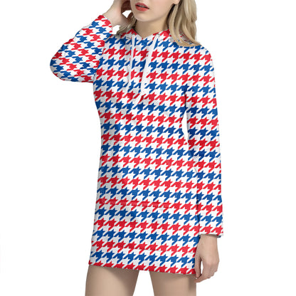 Red Blue And White Houndstooth Print Hoodie Dress