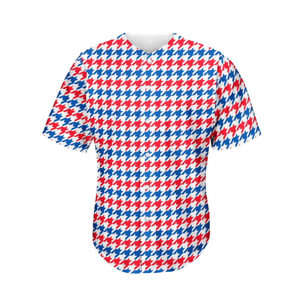 Red Blue And White Houndstooth Print Men's Baseball Jersey