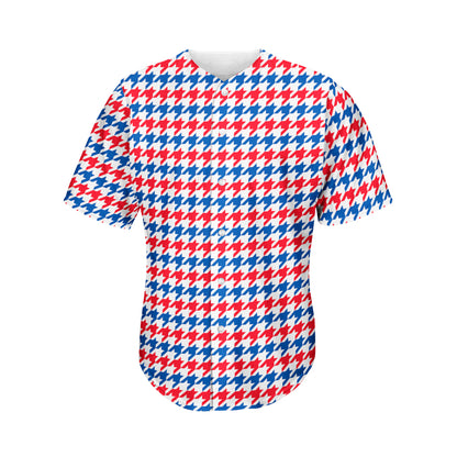 Red Blue And White Houndstooth Print Men's Baseball Jersey