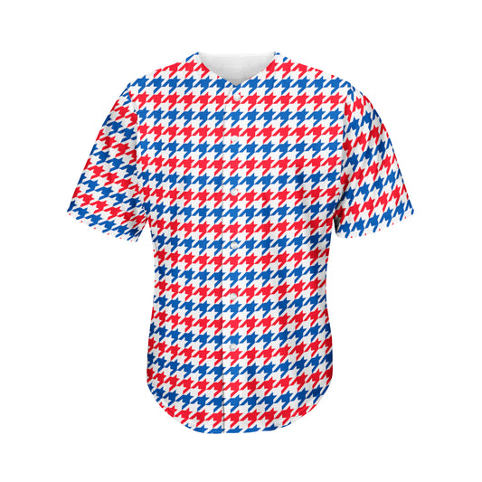 Red Blue And White Houndstooth Print Men's Baseball Jersey