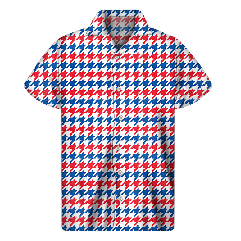 Red Blue And White Houndstooth Print Men's Short Sleeve Shirt