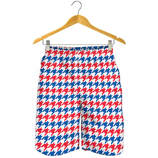 Red Blue And White Houndstooth Print Men's Shorts
