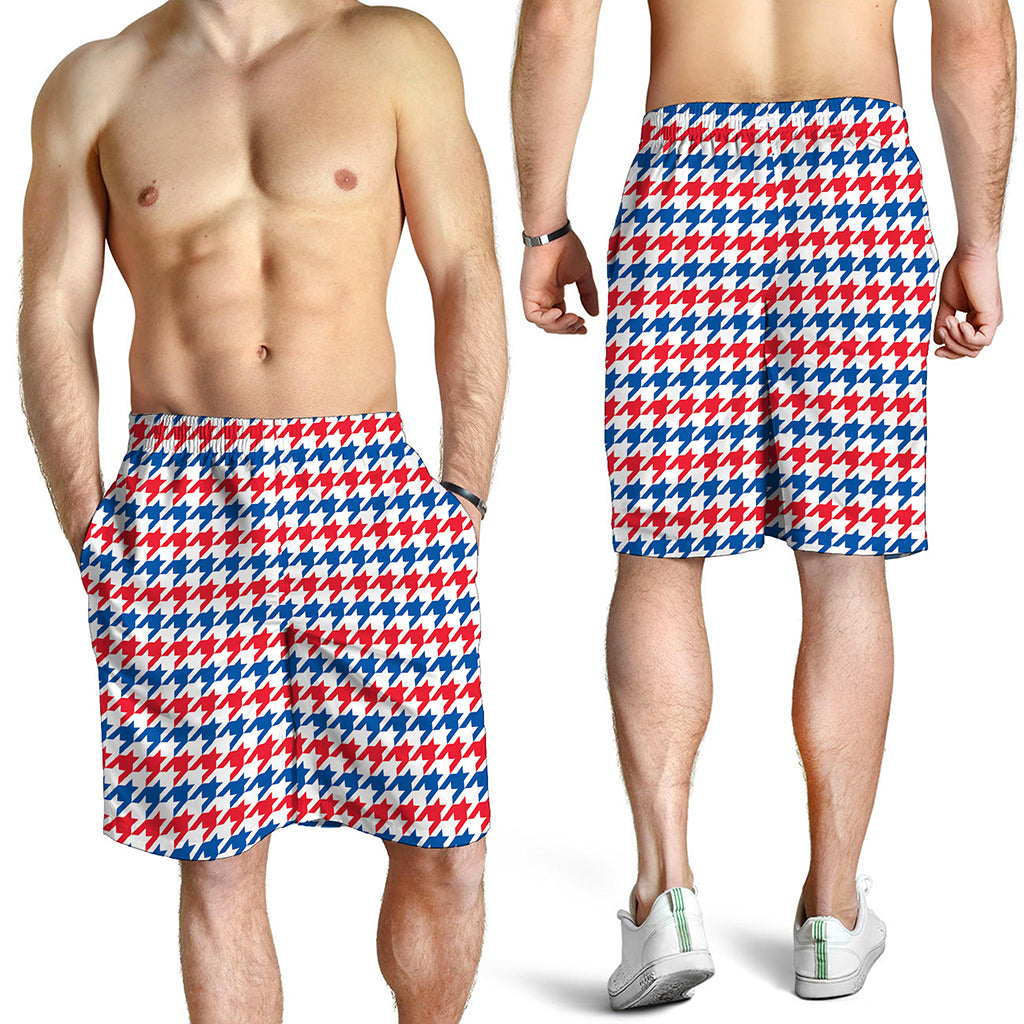 Red Blue And White Houndstooth Print Men's Shorts
