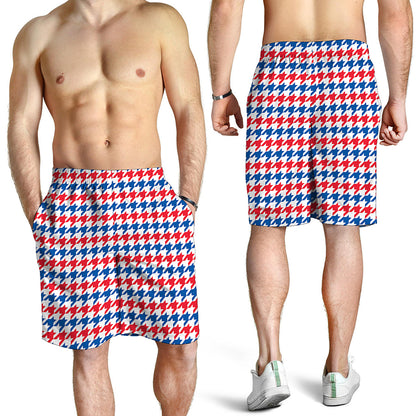 Red Blue And White Houndstooth Print Men's Shorts