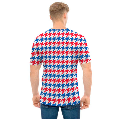 Red Blue And White Houndstooth Print Men's T-Shirt