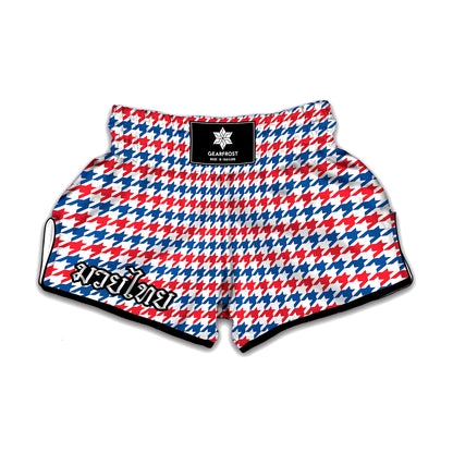 Red Blue And White Houndstooth Print Muay Thai Boxing Shorts