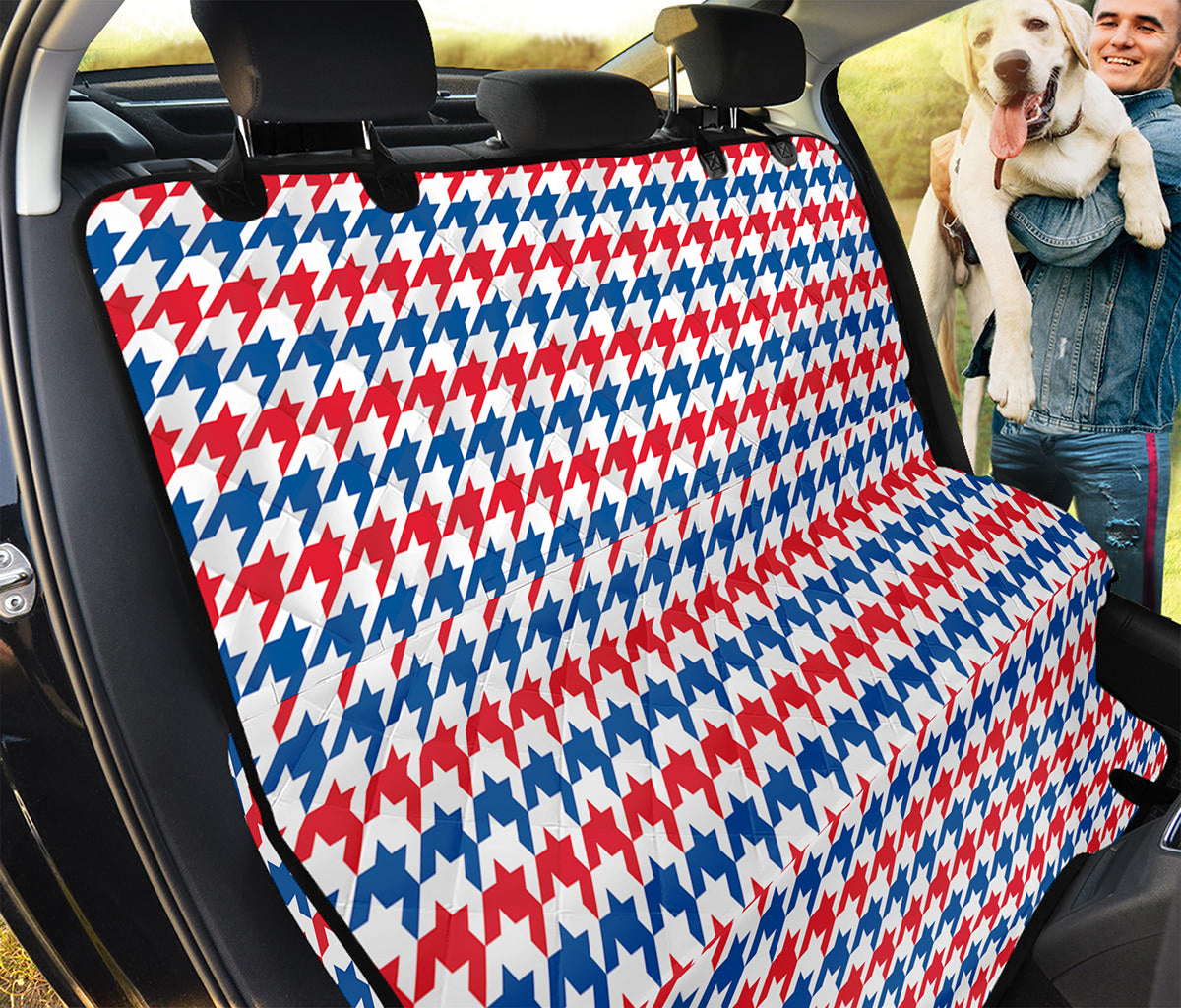 Red Blue And White Houndstooth Print Pet Car Back Seat Cover