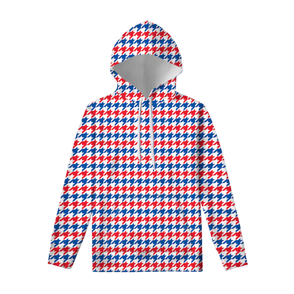 Red Blue And White Houndstooth Print Pullover Hoodie