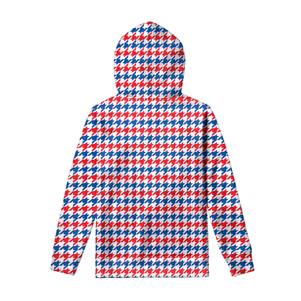 Red Blue And White Houndstooth Print Pullover Hoodie
