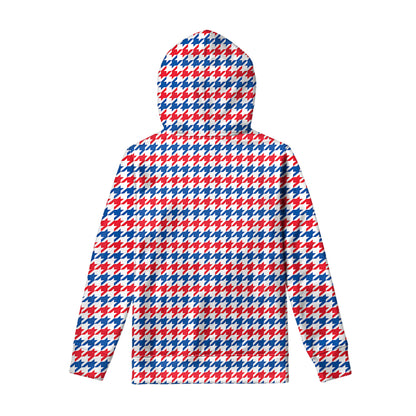 Red Blue And White Houndstooth Print Pullover Hoodie