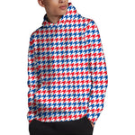 Red Blue And White Houndstooth Print Pullover Hoodie