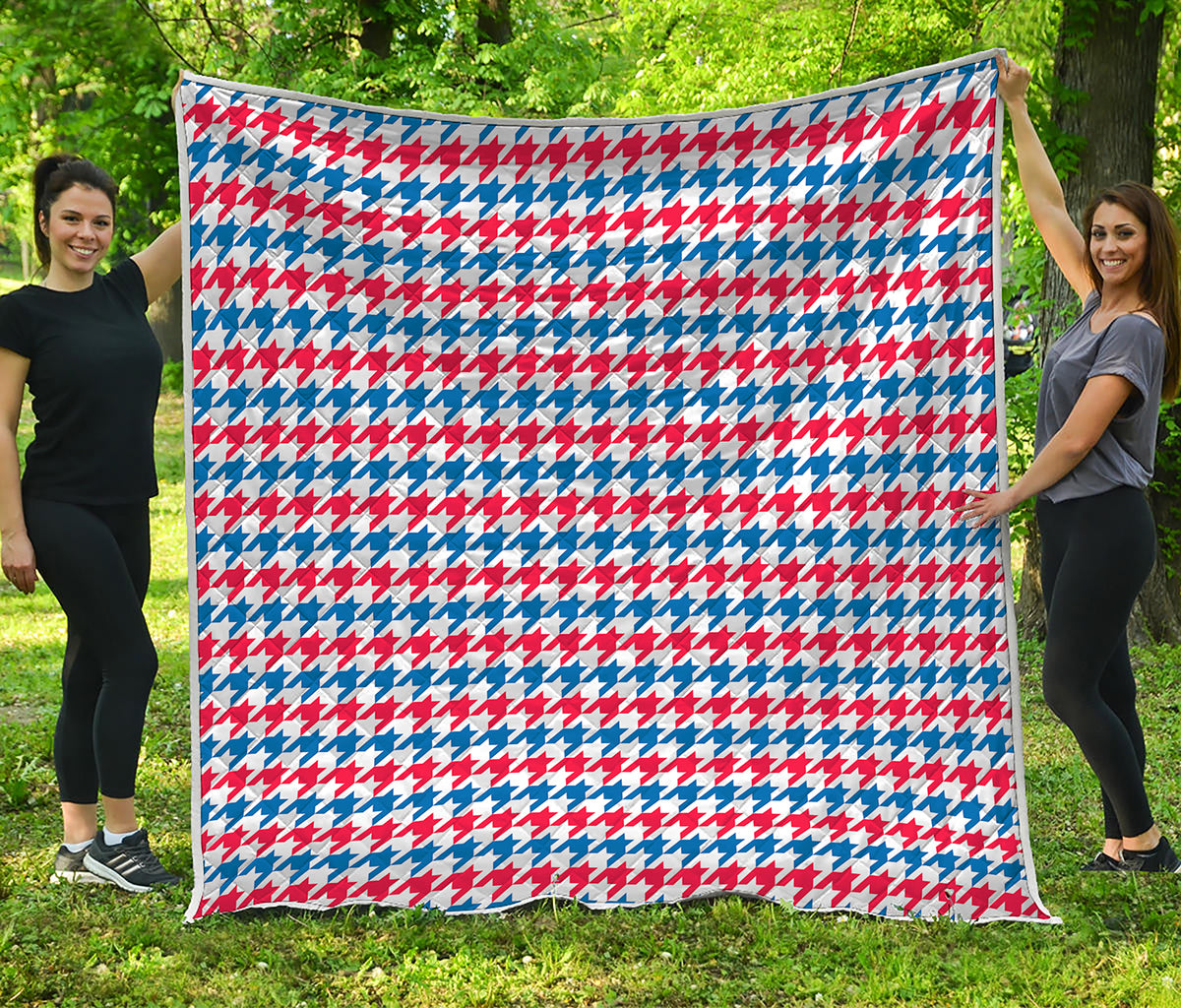 Red Blue And White Houndstooth Print Quilt