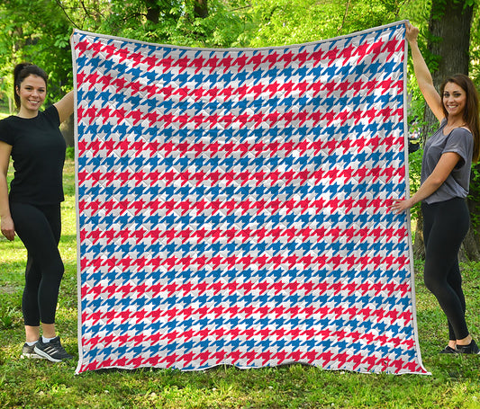 Red Blue And White Houndstooth Print Quilt