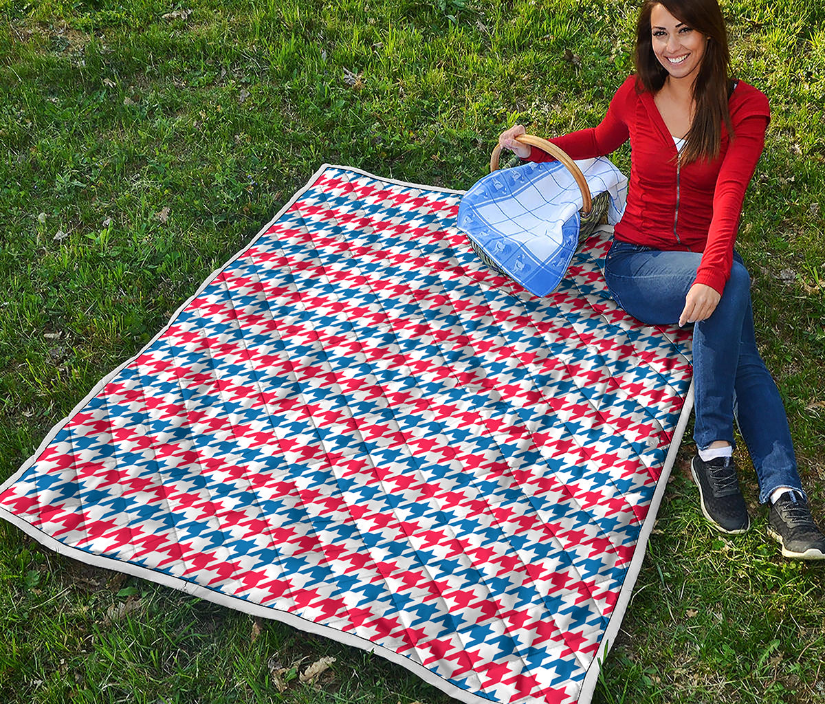 Red Blue And White Houndstooth Print Quilt