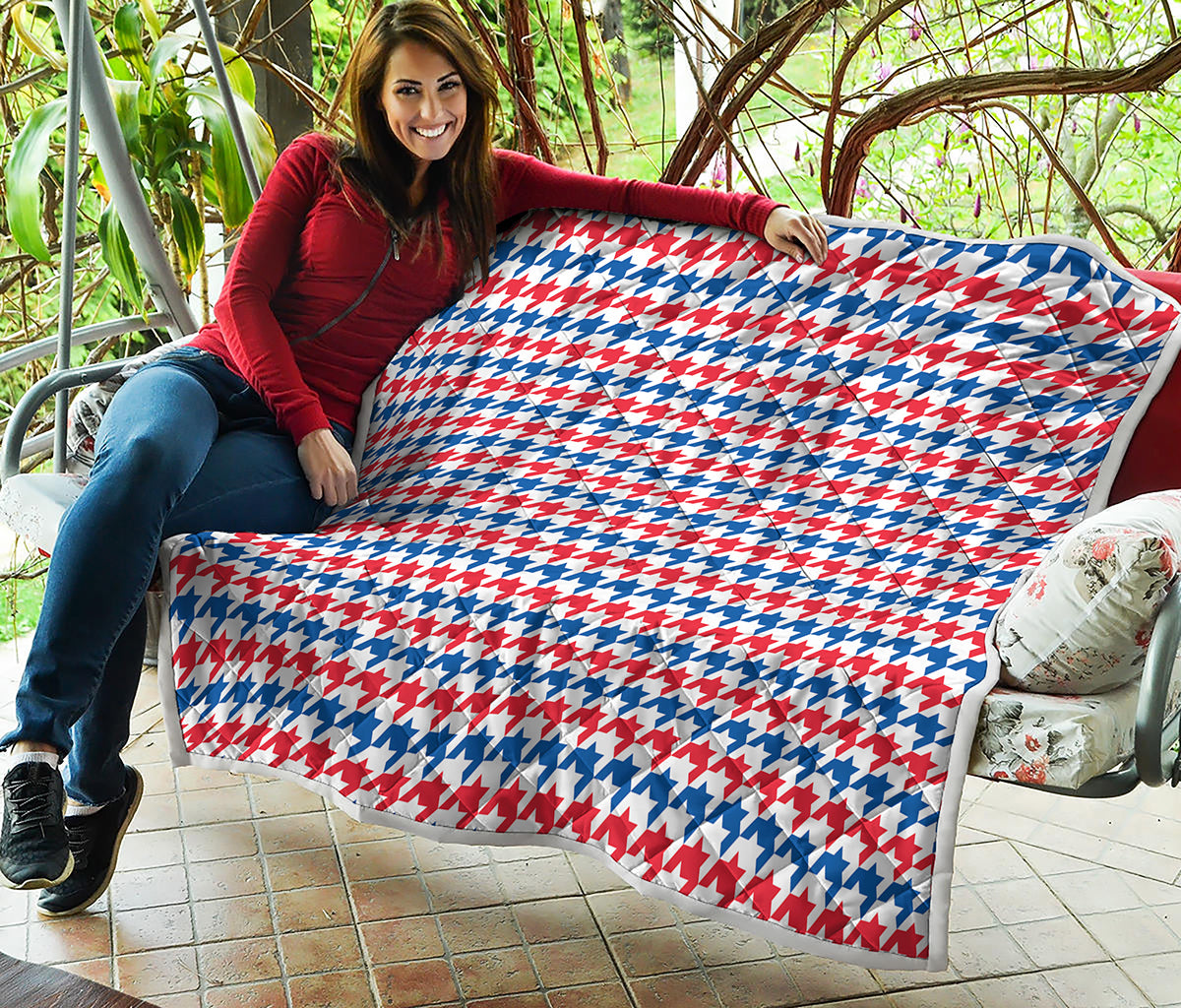 Red Blue And White Houndstooth Print Quilt