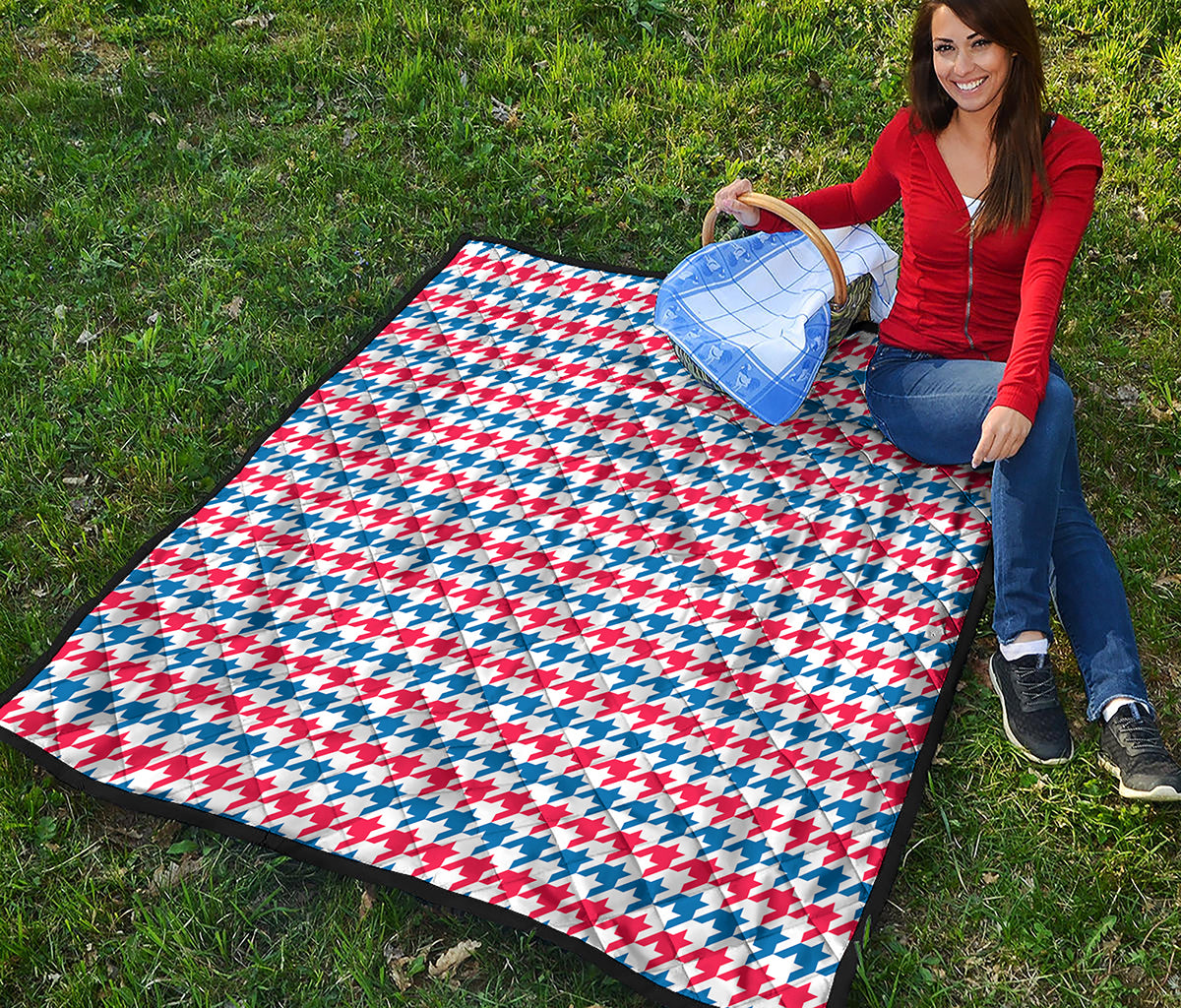 Red Blue And White Houndstooth Print Quilt