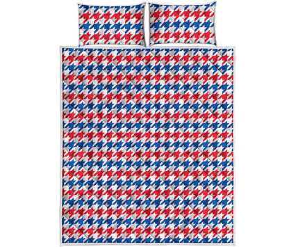 Red Blue And White Houndstooth Print Quilt Bed Set