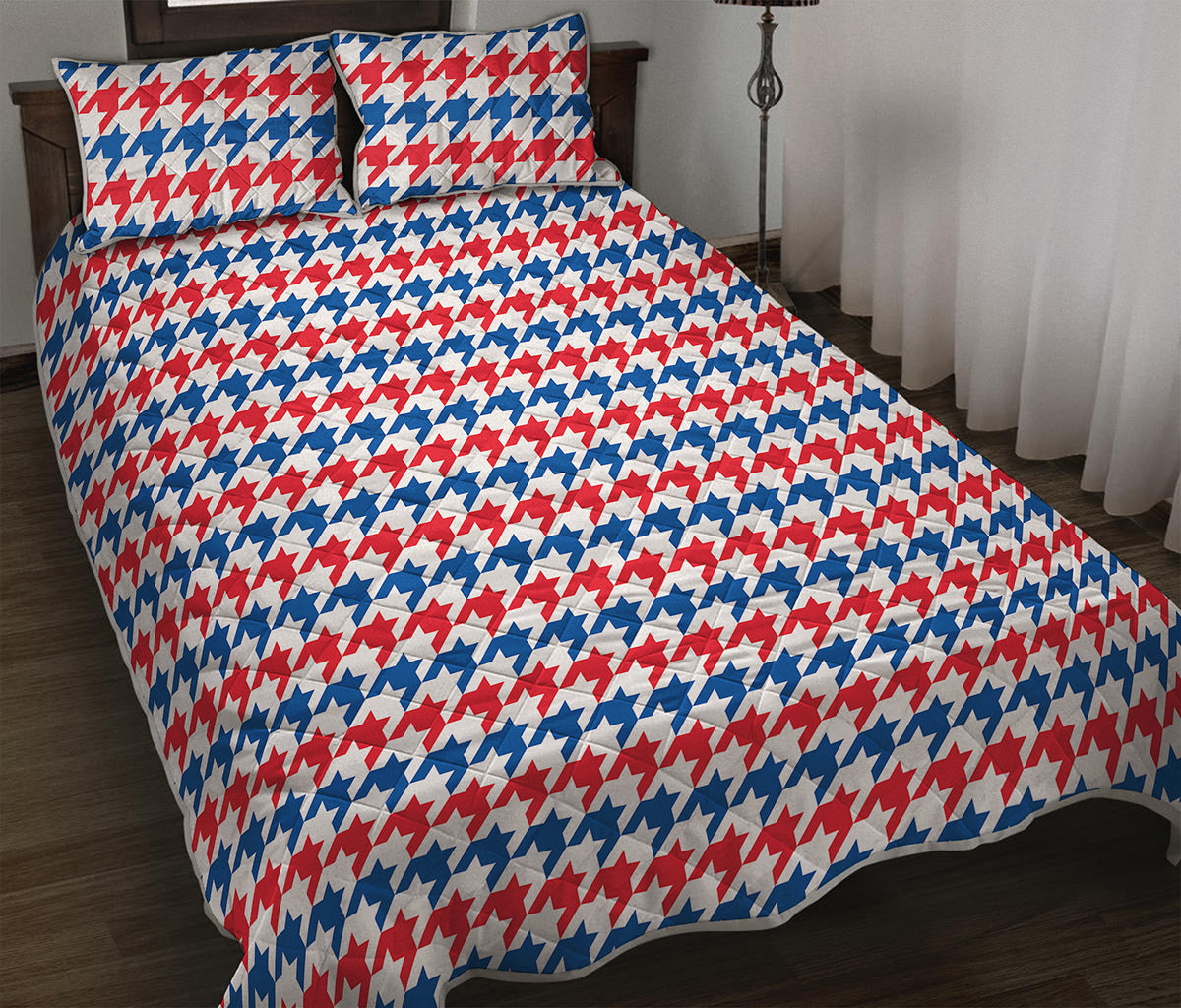 Red Blue And White Houndstooth Print Quilt Bed Set