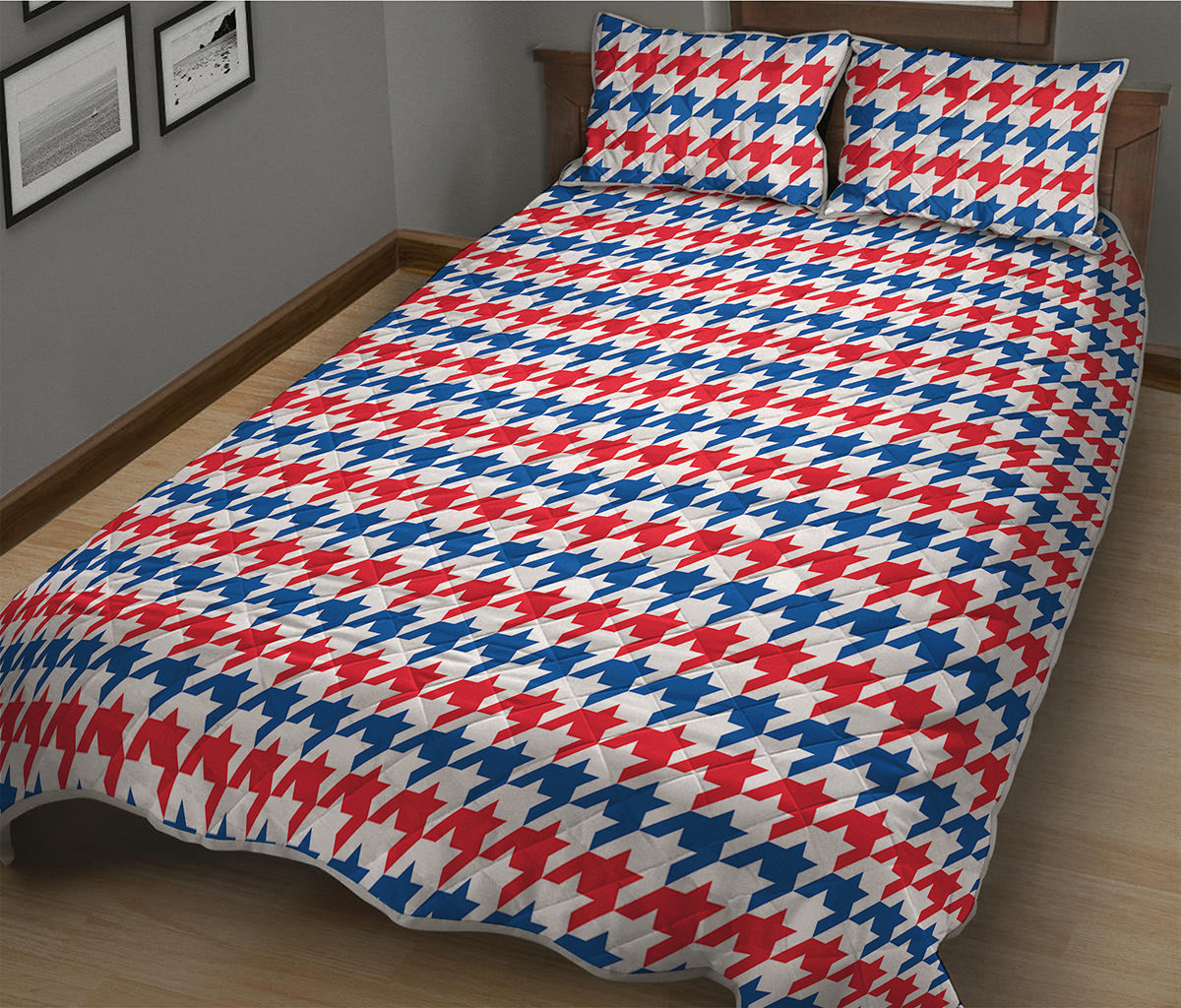 Red Blue And White Houndstooth Print Quilt Bed Set