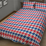 Red Blue And White Houndstooth Print Quilt Bed Set
